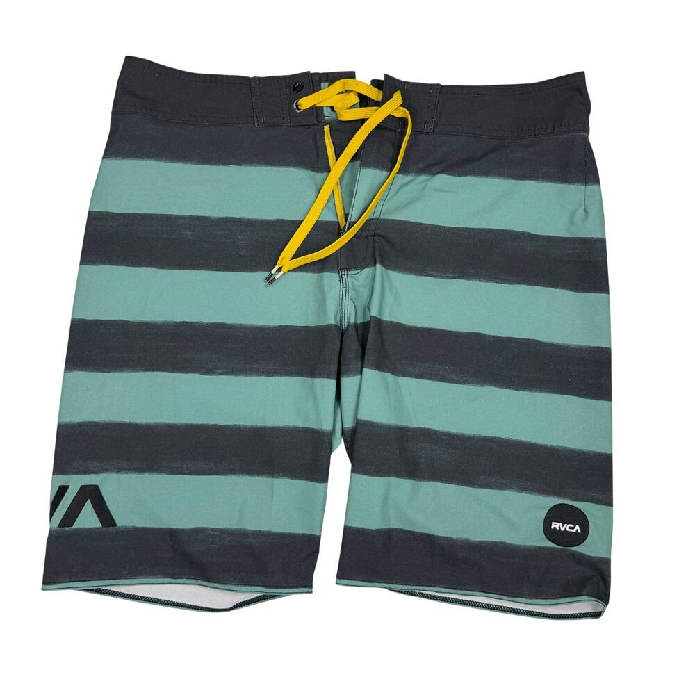 RVCA 4-way stretch 20in Board Shorts 34 Waist Teal and Gray Horizontal Stripes